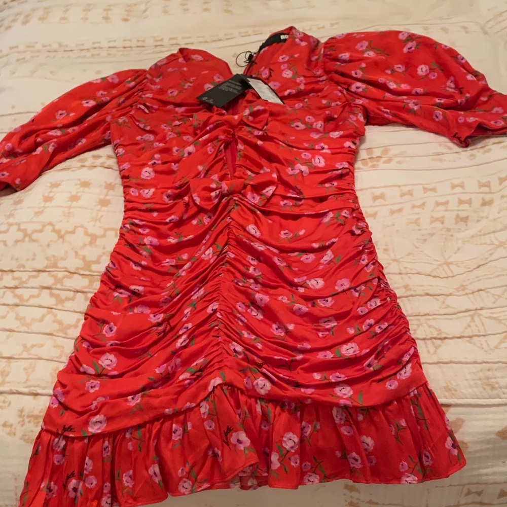 Red Ruched Floral Midi Dress with Ruffle Hem - Picture 6 of 6